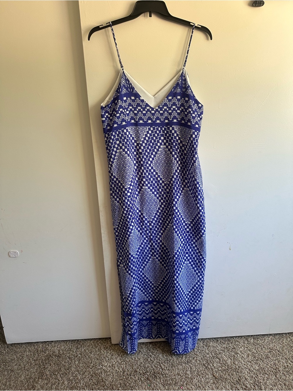 Everly Blue & White Geometric Spaghetti-Strap Maxi Dress - Picture 8 of 13